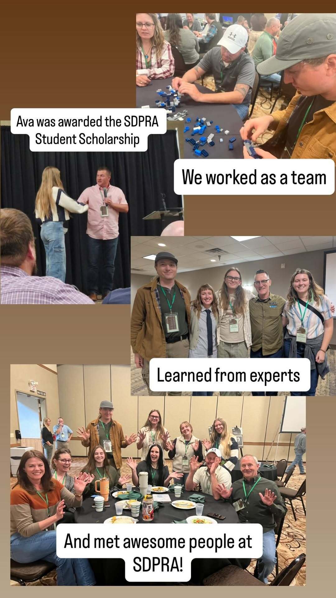Each photo captions: 1) We worked as a team. 2) Ava was awarded the SDPRA Student Scholarship. 3) Learned from experts. 4) And met awesome people at SPRA!