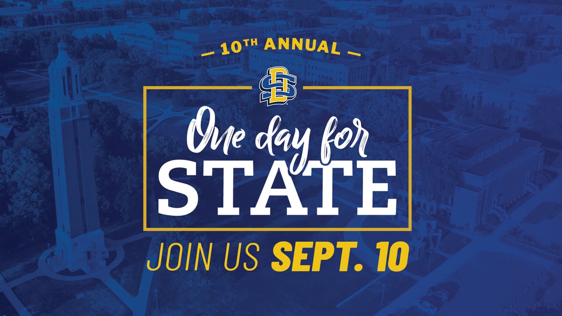 South Dakota State University graphic with the SDSU logo above the text “One day for STATE. Join Us Sept. 10” over a blue-tinted campus background and yellow border.