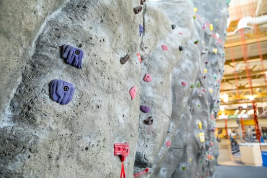 rock climbing wall with colored hand grips