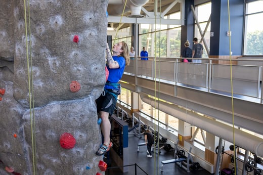 person climbing indoor rock climbing wall, over 10 feet off the ground