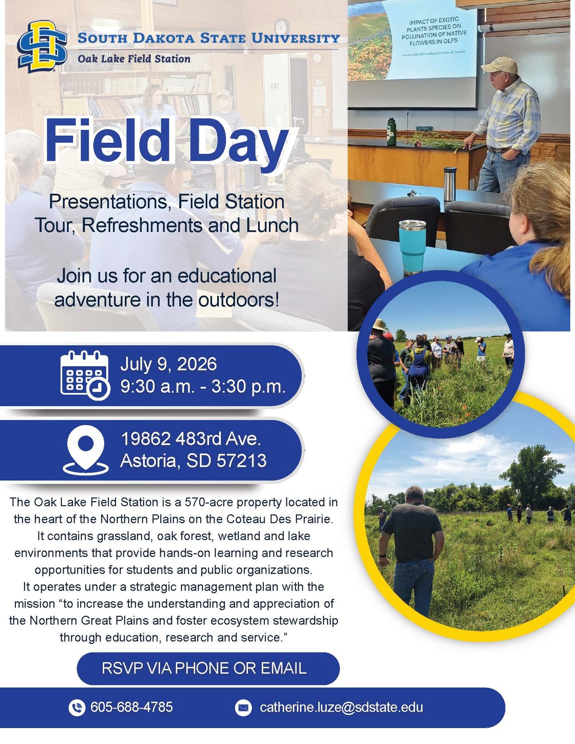 Flyer shows the event information along with three decorative photos. Date: July 9, 2026 9:30 a.m.-3:30 p.m., Location: 19862 483rd Ave, Astoria, SD 57213, RSVP via Phone (605-688-4785) or Email (catherine.luze@sdstate.edu).