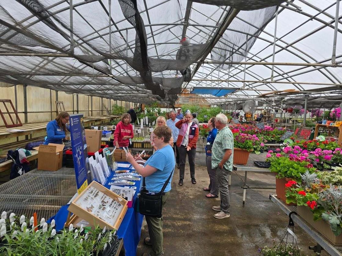 People browse native plant seedlings and educational displays inside a greenhouse during a native plant sale.