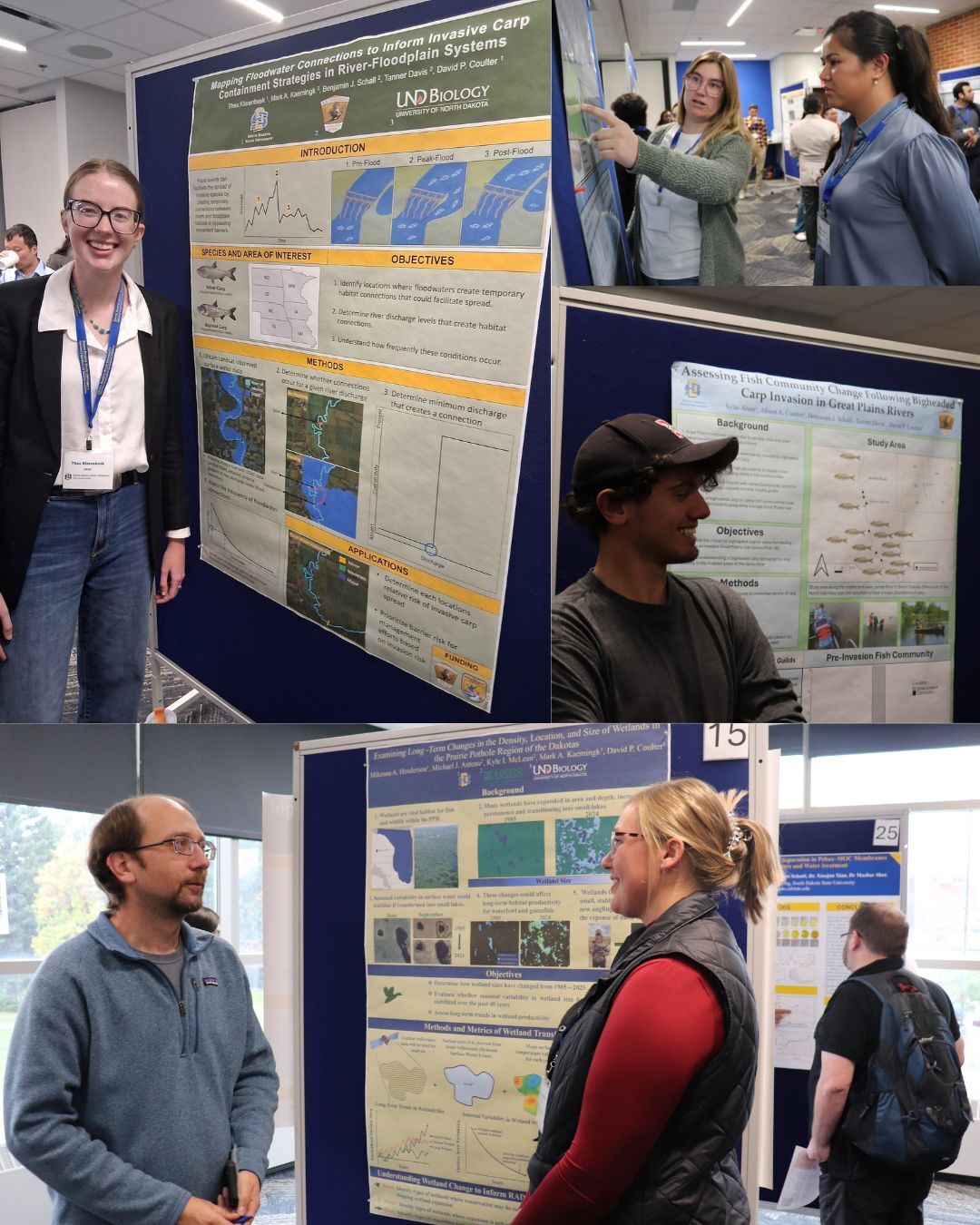 (From top left) Thea Klarenbeek with her poster, Natalie Liberati pointing to a section of her poster while explaining, Sylas Abarr captured in a side-profile shot with his poster, and David Coulter and Mikenna Henderson talking with each other.